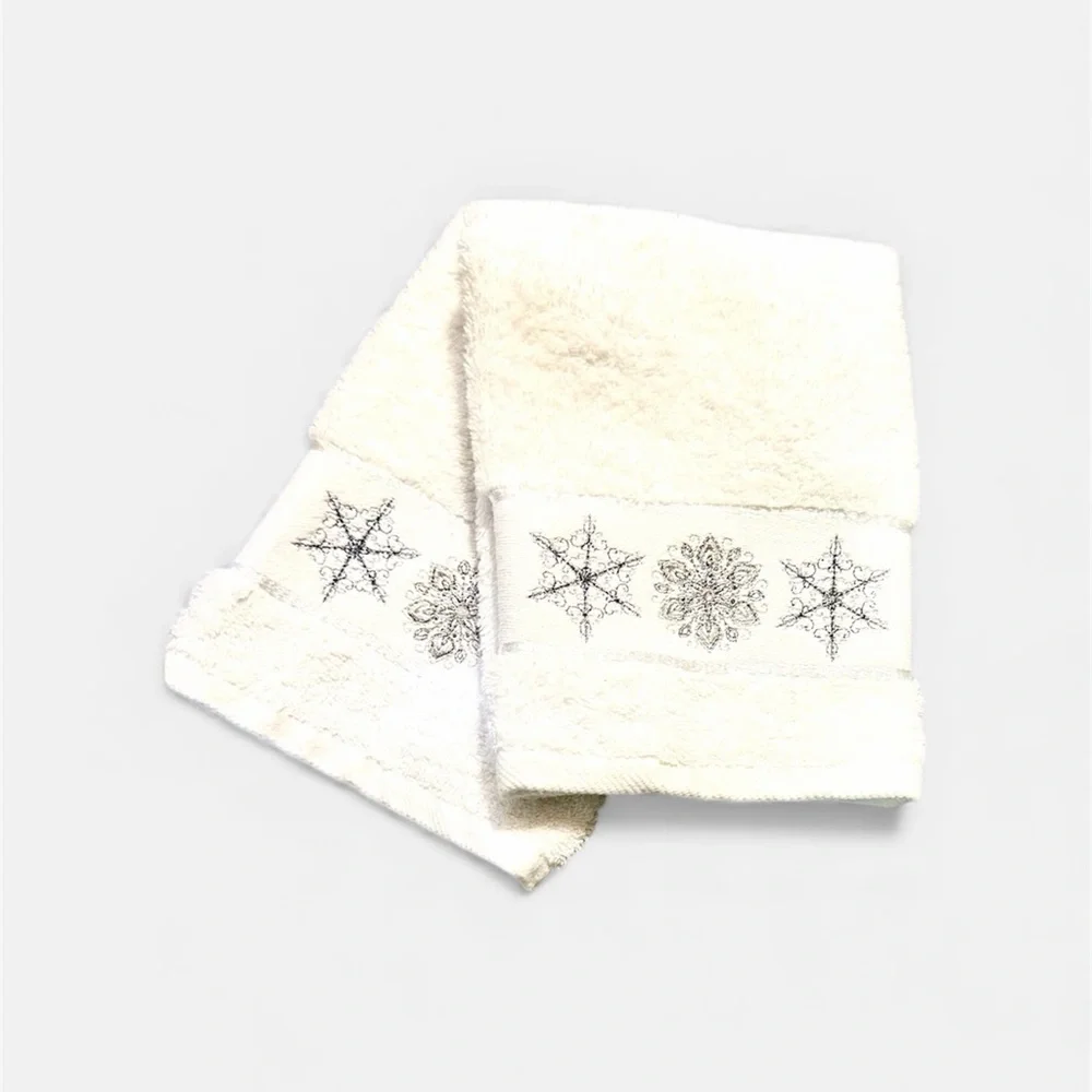 Winter Dreams White Hand Towels with Silver Embroidered Snowflake Made in Turkey